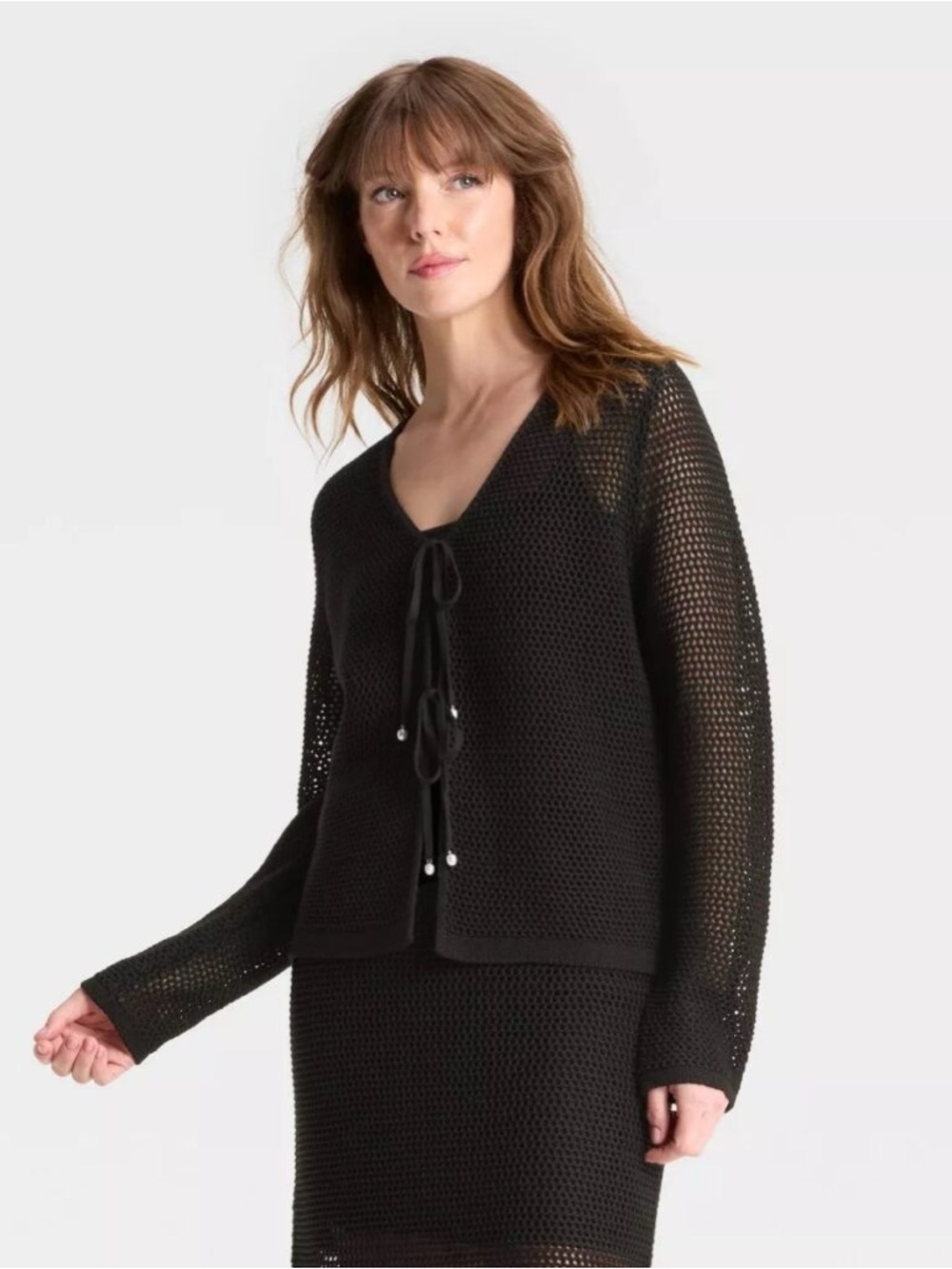 a new day - Black Open-Knit Tie-Front Cardigan + Midi Skirt